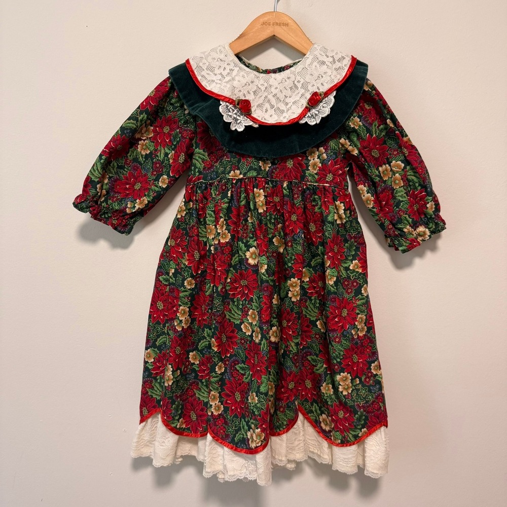 Vintage Girls Christmas Poinsettia Dress Lace Velvet Collar Red Green Holiday